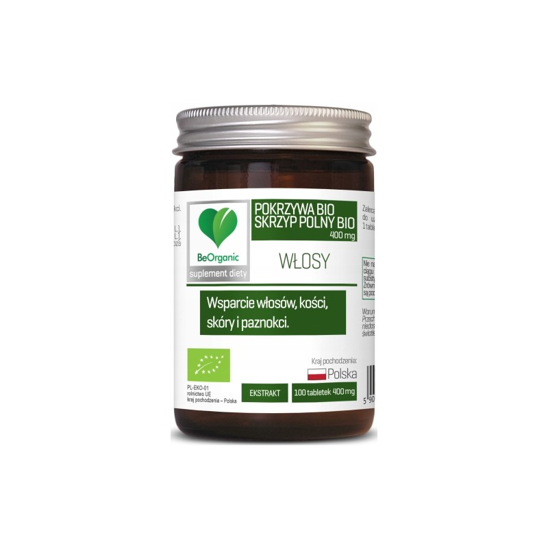 Skrzyp BIO + Pokrzywa BIO 400 mg, 100 tabl. BeOrganic